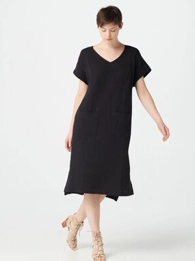 🐷 Isaac Mizrahi Live! Black Cotton Gauze V Neck Dress A378230